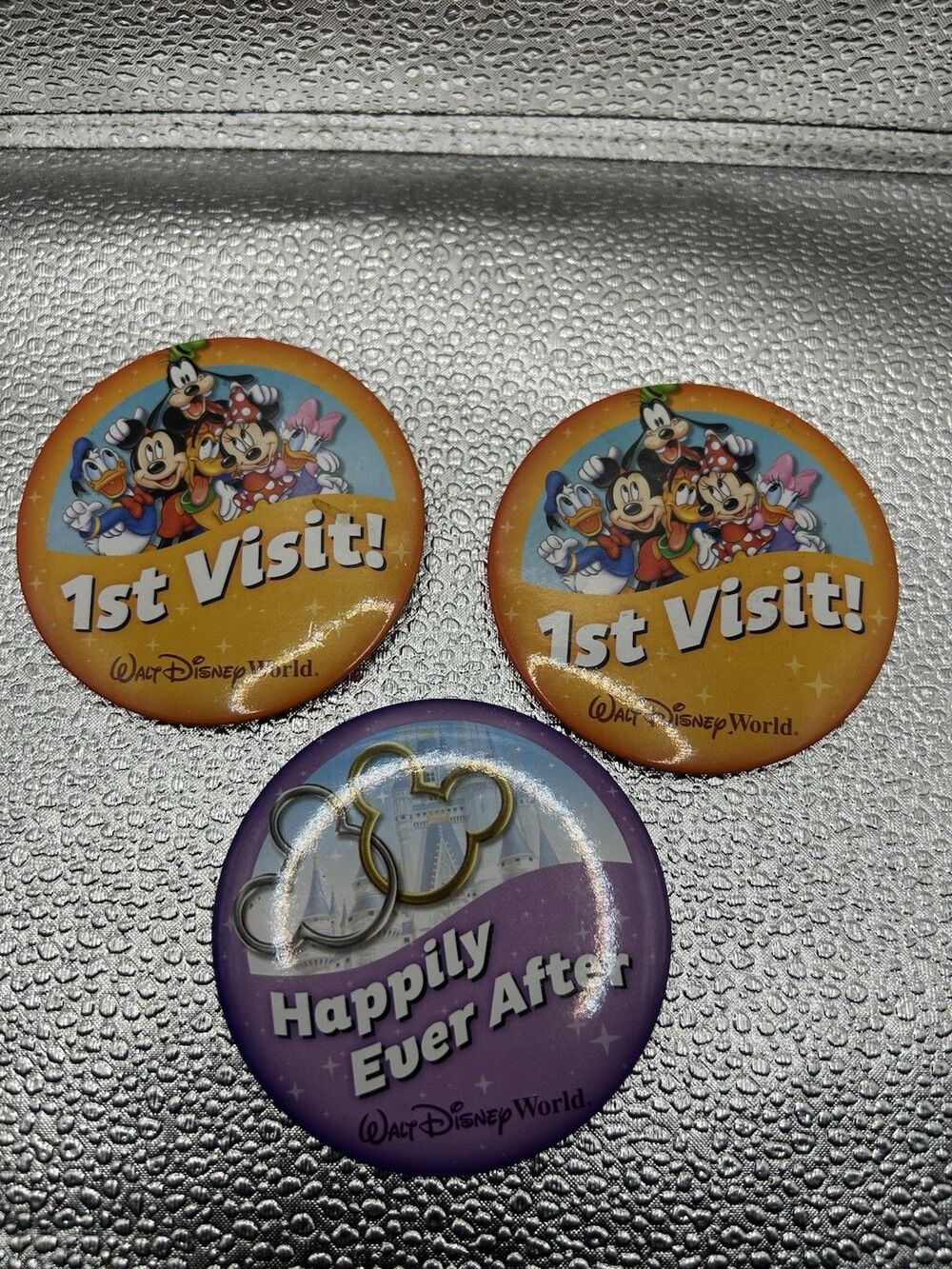 Lot of 3 Walt Disney World Parks Button Mickey Mouse 1ST VISIT & Happily 3" Pin